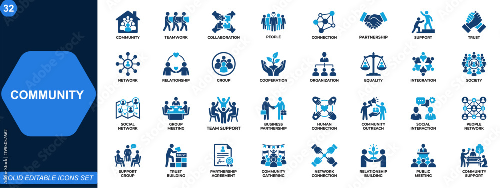 Obraz premium Community and social interaction icon set. Communication, teamwork, collaboration, people, connection, partnership, support, trust, network, organization. Editable icons collection. Vector.