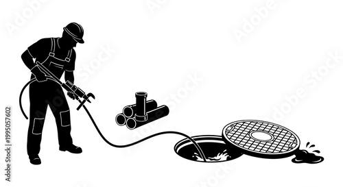 Worker cleaning a sewer drain with a high pressure water jet