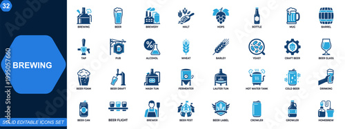 Brewing and beer production icon set for brewery and beverage industry. Brewery, beer, craft, brewing, malt, hops, bottle, mug, barrel, tap, pub. Editable icons collection. Vector.