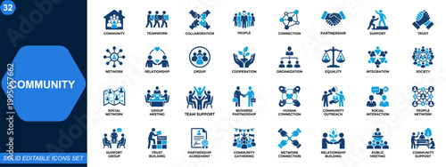 Community and social interaction icon set. Communication, teamwork, collaboration, people, connection, partnership, support, trust, network, organization. Editable icons collection. Vector.