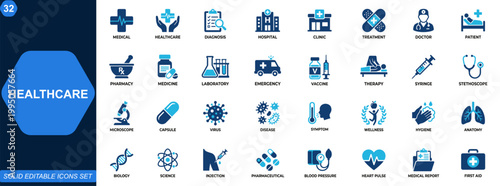 Healthcare and medical care icon set. Diagnosis, patient care, hospital, clinic, treatment, doctor, pharmacy, laboratory, emergency, vaccine. Editable icons collection. Vector.