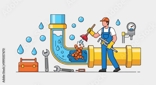 A plumber repairs a clogged pipe with tools surrounding the system
