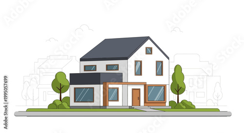 Modern minimalist residential property vector illustration for sustainable real estate development and high-end mortgage marketing campaigns