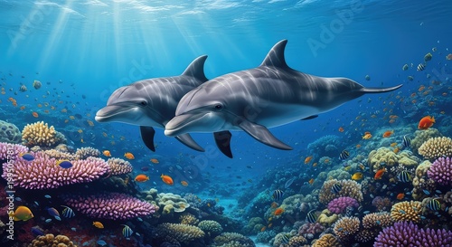 Two dolphins swimming together in a vibrant coral reef with colorful fish and sea anemones underwater