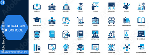 Education and school icon set. School, education, university, student, teacher, classroom, learning tools, science, graduation, campuses, library. Editable icons collection. Vector.