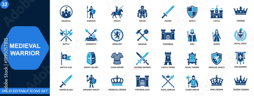 Medieval warrior and antique icon set with royal heritage elements. knight, armor, sword, shield, castle, crown, battle, monarchy, heraldry. Editable icons collection. Vector.