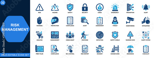 Risk management icons. Risk assessment, hazard control, safety protection, security monitoring, emergency response, threat analysis, prevention strategy. Editable icons collection. Vector.