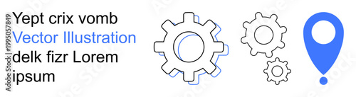 Workflow, navigation, location tracking, technical processes, data management, system operations. Three gear symbols and a blue location marker. Workflow and navigation concept