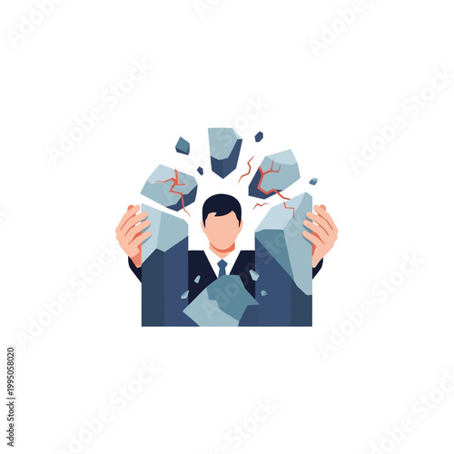 Businessman breaking through obstacles with strength and determination.