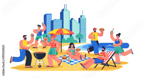Modern Flat Vector Illustration for Corporate Summer Retreat and Employee Wellness Marketing Campaigns