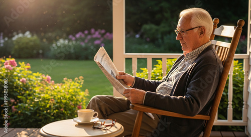 Elderly gentleman finds tranquil relaxation on his sunlit porch, absorbed in his newspaper with a warm cup nearby, embracing a serene retirement lifestyle