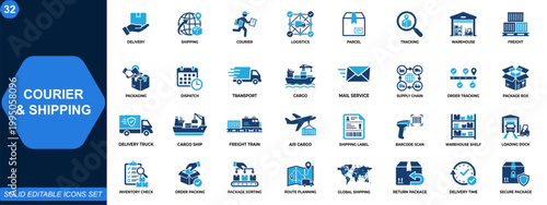 Courier and shipping icon set. Delivery, logistics, parcel tracking, warehouse, freight, packaging, supply chain, dispatch, mail, global distribution. Editable icons collection. Vector.