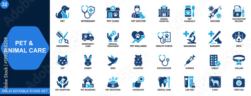 Pet and animal care icon set. Veterinary, pet clinic, pharmacy, vaccination, grooming, pet shop, emergency care, diagnosis, treatment, wellness services. Editable icons collection. Vector.