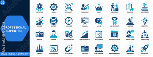 Professional expertise and specialist skills icon set. Consultant, talent, mentoring, coaching, career growth, knowledge, problem solving, support. Editable icons collection. Vector.