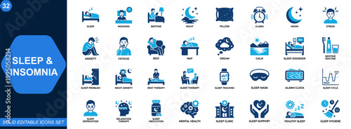 Sleep and Insomnia Icon Set. Insomnia, sleep disorder, sleeplessness, bedtime routine, anxiety, stress, relaxation, medical care, night care, rest therapy. Editable icons collection. Vector.