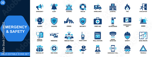 Emergency response and safety icon set. Emergency, alert, warning, rescue, ambulance, hospital, fire safety, evacuation, first aid, security, crisis. Editable icons collection. Vector.