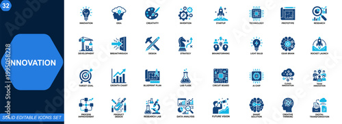 Innovation icon set. Idea, invention, creativity, startup, technology, prototype, research, development, breakthrough, strategy, design, innovation. Editable icons collection. Vector.
