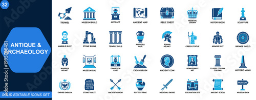 Antique and archaeology icon set for museum heritage collections. Artifacts, ancient relics, medieval armor, classical sculpture, Roman empire, Greek statue, historical architecture. Editable icons.