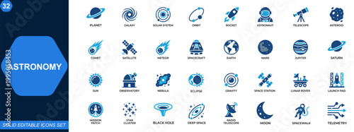 Astronomy and space exploration icon set. Universe, planets, solar system, galaxy, orbit, rocket, astronaut, telescope, celestial bodies. Editable icons collection. Vector.