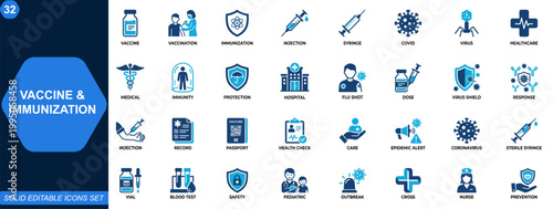 Vaccine and Immunization Icon Set for Healthcare and Medical Applications. Vaccination, injection, syringe, covid, immunization, virus protection, hospital care, epidemic prevention. Editable icons.