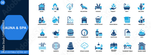 Sauna and spa icon set. Steam room, relaxation therapy, massage, bath essentials, wellness retreat, aromatherapy, hygiene care. Editable icons collection. Vector.