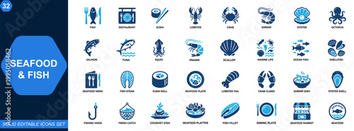 Seafood and fish icon set for restaurant menu and marine cuisine. Seafood, fish, sushi, lobster, crab, shrimp, oyster, octopus, salmon. Editable icons collection. Vector.