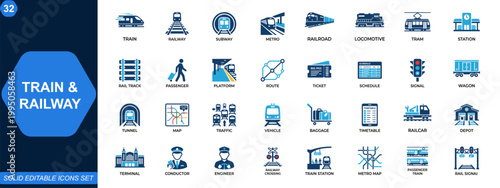 Train and railway transport icon set. Subway, railroad, metro, locomotive, station, rail track, tram, passenger, transit route, travel ticket. Editable icons collection. Vector.