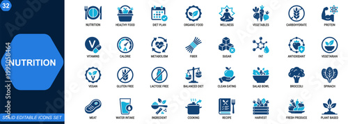 Nutrition and healthy food icon set. Diet, organic, wellness, vegetables, carbohydrates, protein, vitamins, calorie control, balanced lifestyle, clean eating. Editable icons collection. Vector.
