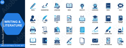 Writing and literature icon set. Writing, literature, book, pencil, handwriting, author tools, reading, publishing, education, library. Editable icons collection. Vector.
