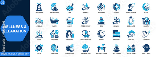Wellness and relaxation icon set. Spa therapy, selfcare routine, stress relief, mindfulness, sleep ritual, massage therapy, bath sauna, zen lifestyle. Editable icons collection. Vector.