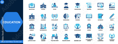 Education icon set for academic learning and school success. Education, school, study, student, graduation, diploma, certificate, classroom, university. Editable icons collection. Vector.