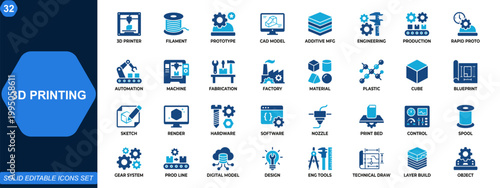 3D printing icon set. Printer, filament, prototype, modeling, CAD software, additive manufacturing, engineering, industrial production, rapid prototyping. Editable icons collection. Vector.