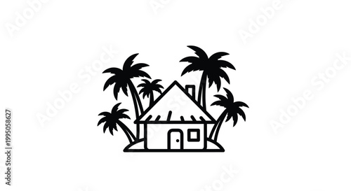 Tropical beach hut with palm trees a striking silhouette on transparent background