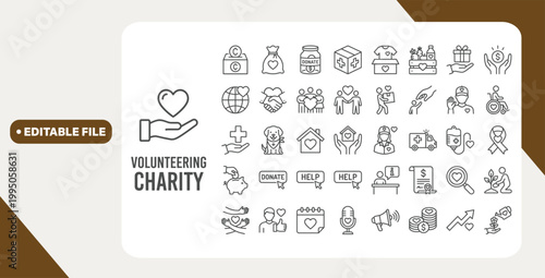 Volunteering and charity web icons in line style. Donate, donor, doctor, care, help, support, collection. Editable stroke. Vector illustration.