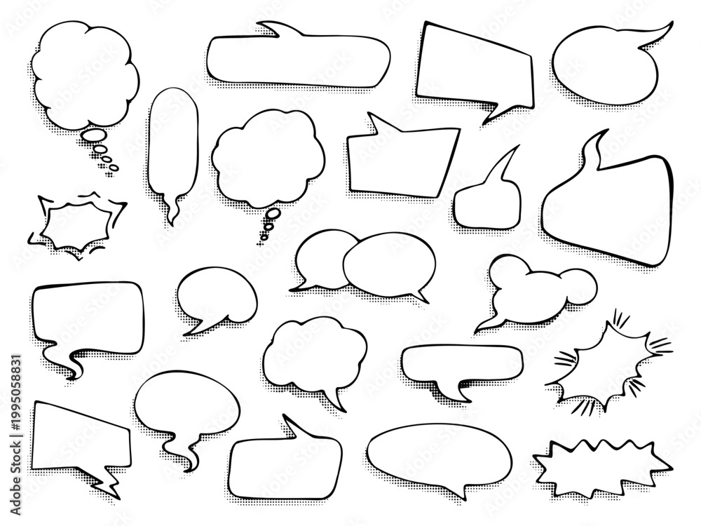 Fototapeta premium Hand drawn speech bubbles set with halftone shadows in comic style. Collection of sketch dialog clouds and chat balloons. Perfect for comics, messages, social media and design elements