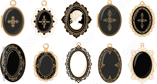 Vintage black and gold cameo frames vector set with ornate oval pendants and decorative borders for luxury jewelry branding and elegant packaging
