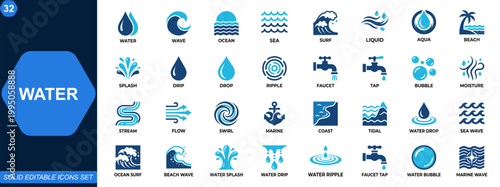 Water and Wave Icon Set. Ocean, sea, surf, liquid, aqua, beach, splash, drip, faucet, ripple graphics. Editable icons collection. Vector.