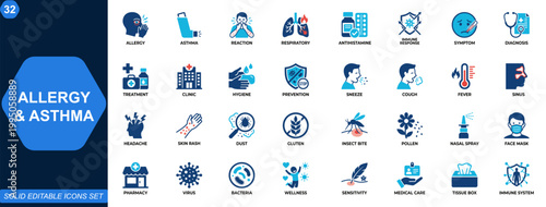 Allergy and Asthma Medical Icon Set. Allergic reaction, respiratory disease, antihistamine treatment, immune response, sinus symptoms, clinic care, prevention, diagnosis. Editable icons collection.