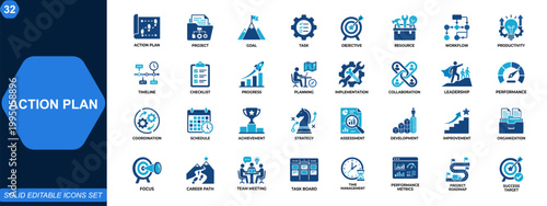 Action plan and project workflow icon set. Goals, tasks, objectives, resources, timeline planning, productivity tracking, team coordination, performance metrics. Editable icons collection. Vector.