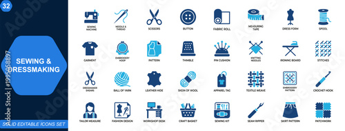 Sewing and dressmaking icon set. Tailor tools, fashion design, embroidery, stitching, textile craft, garment making, handmade workshop, apparel production. Editable icons collection. Vector.