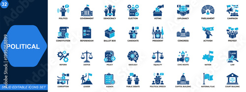 Political icon set. Government, democracy, election, voting, diplomacy, parliament, campaign, civic rights, constitution, referendum. Editable icons collection. Vector.