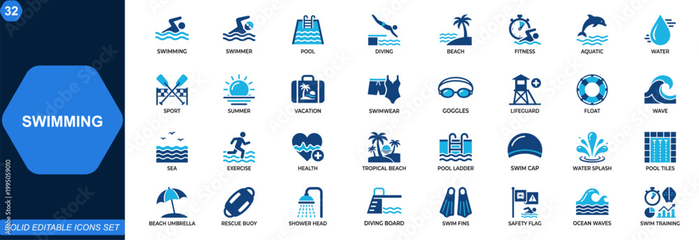 Fototapeta premium Swimming icon set. Swimmer, pool, diving, water sport, beach, fitness, aquatic, summer vacation, safety gear, swimwear. Editable icons collection. Vector.