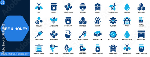 Bee and honey icon set. Honeycomb, beehive, apiary, pollination, nectar, beeswax, organic sweetener, jar, pollen, apiculture. Editable icons collection. Vector.