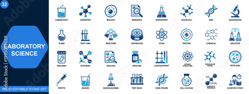 Laboratory science icon set. Chemistry, biology, research, experiment, lab equipment, molecule structure, DNA analysis, atomic reaction, medical innovation. Editable icons collection. Vector.