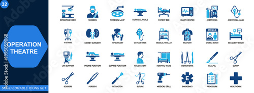 Operation theatre medical icon set. Surgery, operating room, surgical instruments, patient care, hospital equipment, anesthesia, emergency procedure, healthcare clinic. Editable icons collection. 