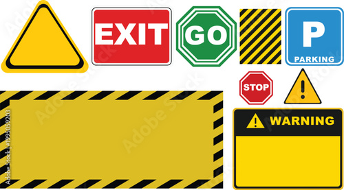 Industrial safety signs and traffic road symbols set, warning notice boards with exit and stop icons, yellow and black caution hazard vector elements