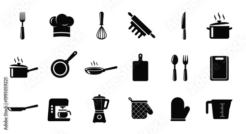Black silhouette icons depicting various kitchen tools and cooking equipment