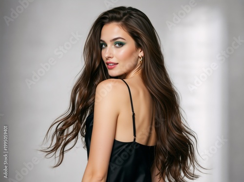 Portrait of a young brunette woman looking over her shoulder. Fashion model with long flowing wavy hair and green makeup wearing a black dress