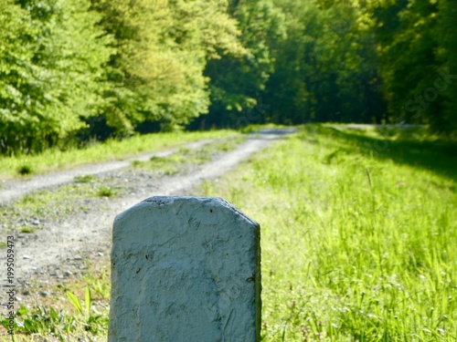 Old white milestone standing by a sunny country road near a forest