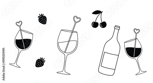 Wine glasses with heart straws and fruit vector graphic illustration
